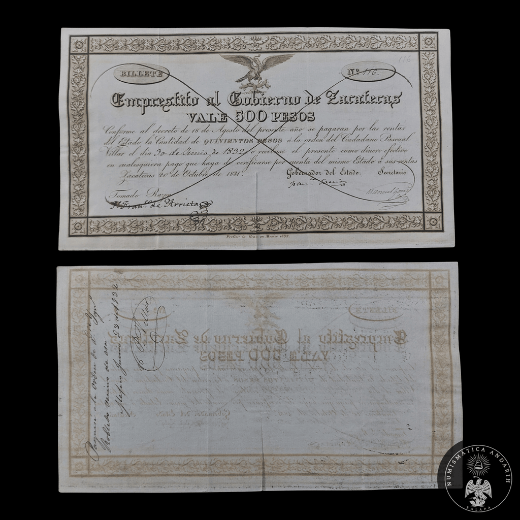Rarísimo Vale Empréstito Gobierno de Zacatecas 500 Pesos Año 1831