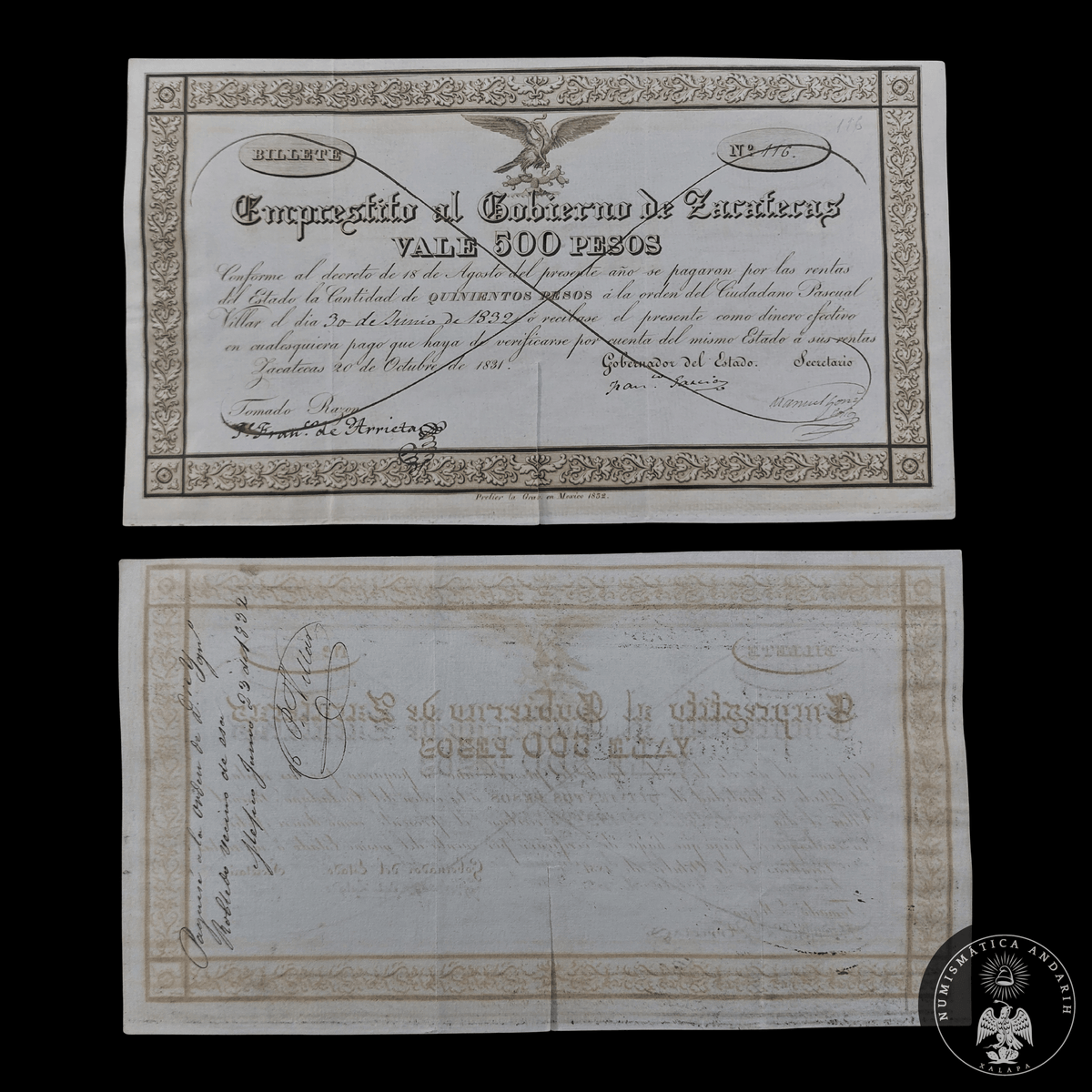 Rarísimo Vale Empréstito Gobierno de Zacatecas 500 Pesos Año 1831
