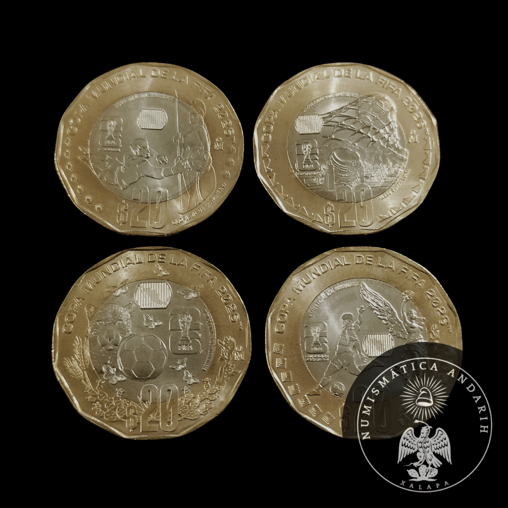 Cuatro Monedas Conmemorativas de $20 Pesos – Copa Mundial de la FIFA 2026