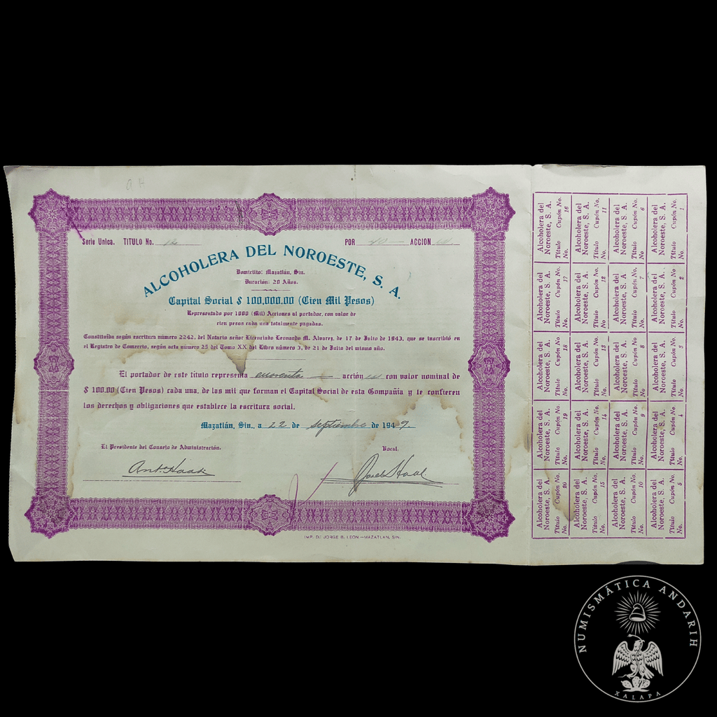Acción Antigua de la Alcoholera del Noroeste Mazatlan, Sinaloa año 1949
