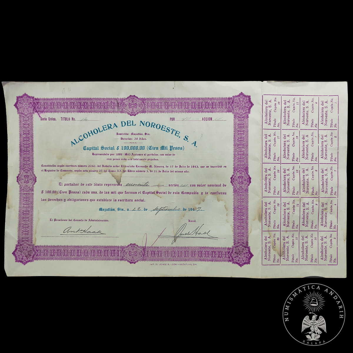Acción Antigua de la Alcoholera del Noroeste Mazatlan, Sinaloa año 1949