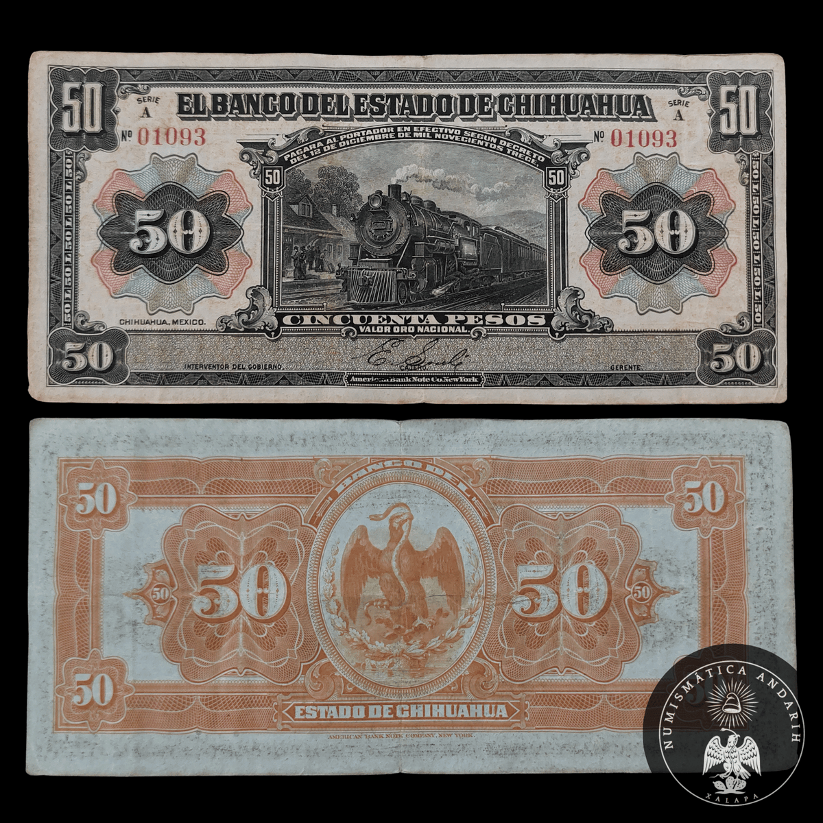 Billete 50 Pesos Banco del Estado de Chihuahua 1913 Locomotora Vapor