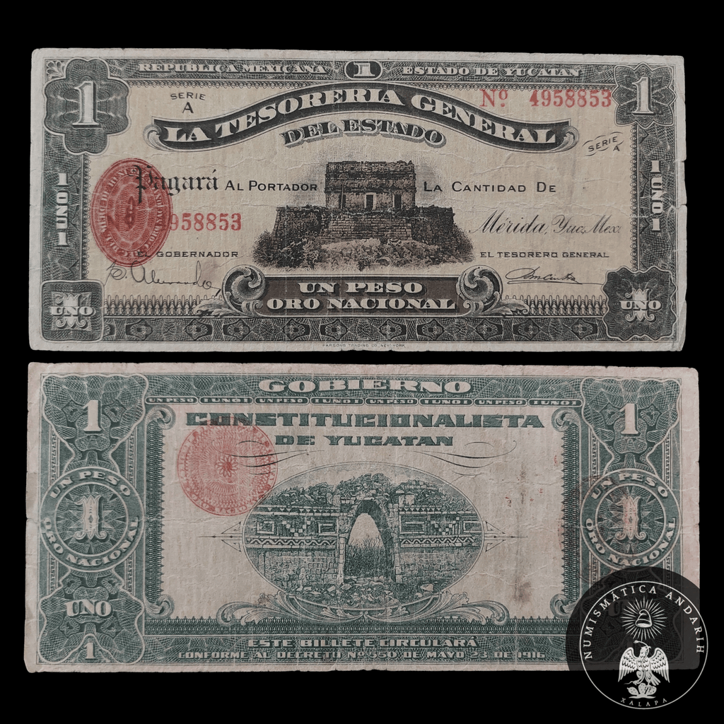 Billete de 1 Peso La Tesorería General del Estado de Yucatán 1916