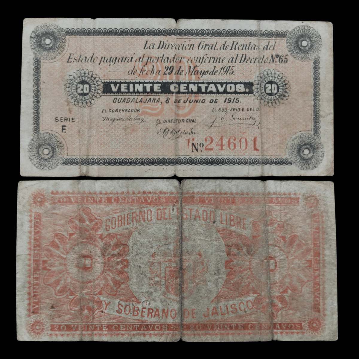 Billete Dirección Gral. de Rentas del Estado Jalisco Veinte Centavos Guadalajara 1915
