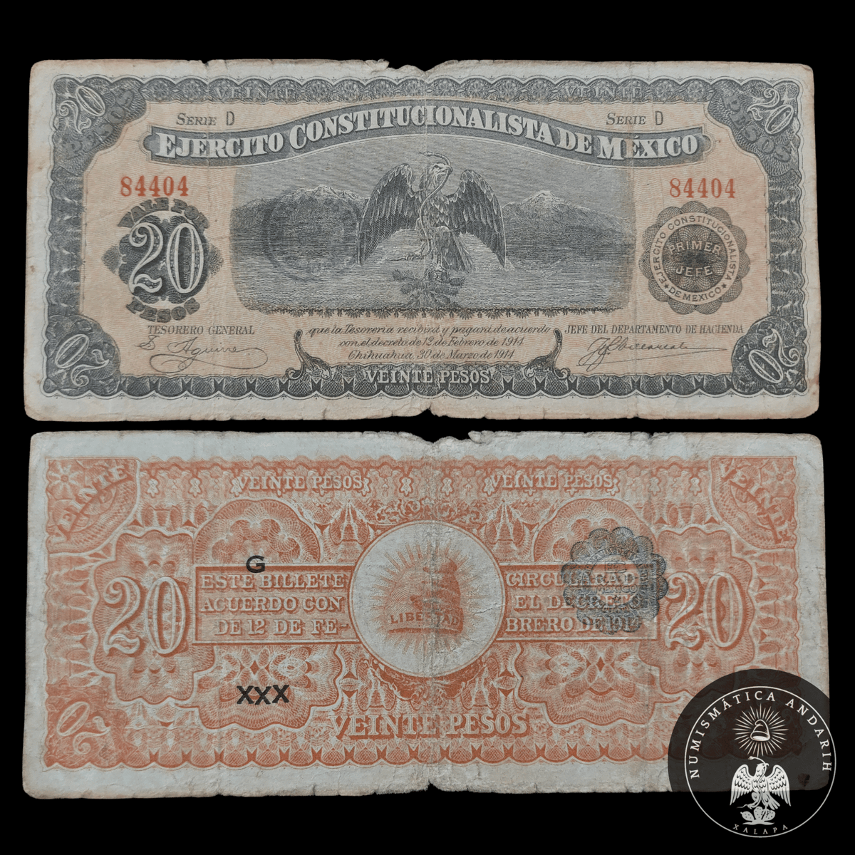Billete Ejército Constitucionalista de México 20 Pesos Chihuahua 1914