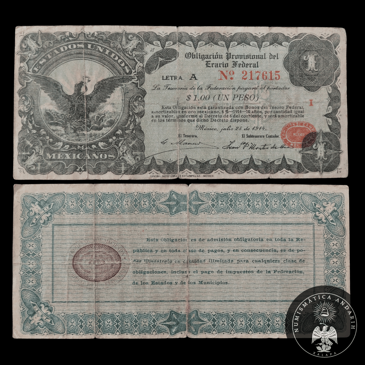 Billete 1 Peso Obligacion Provisional Erario Federal 1914