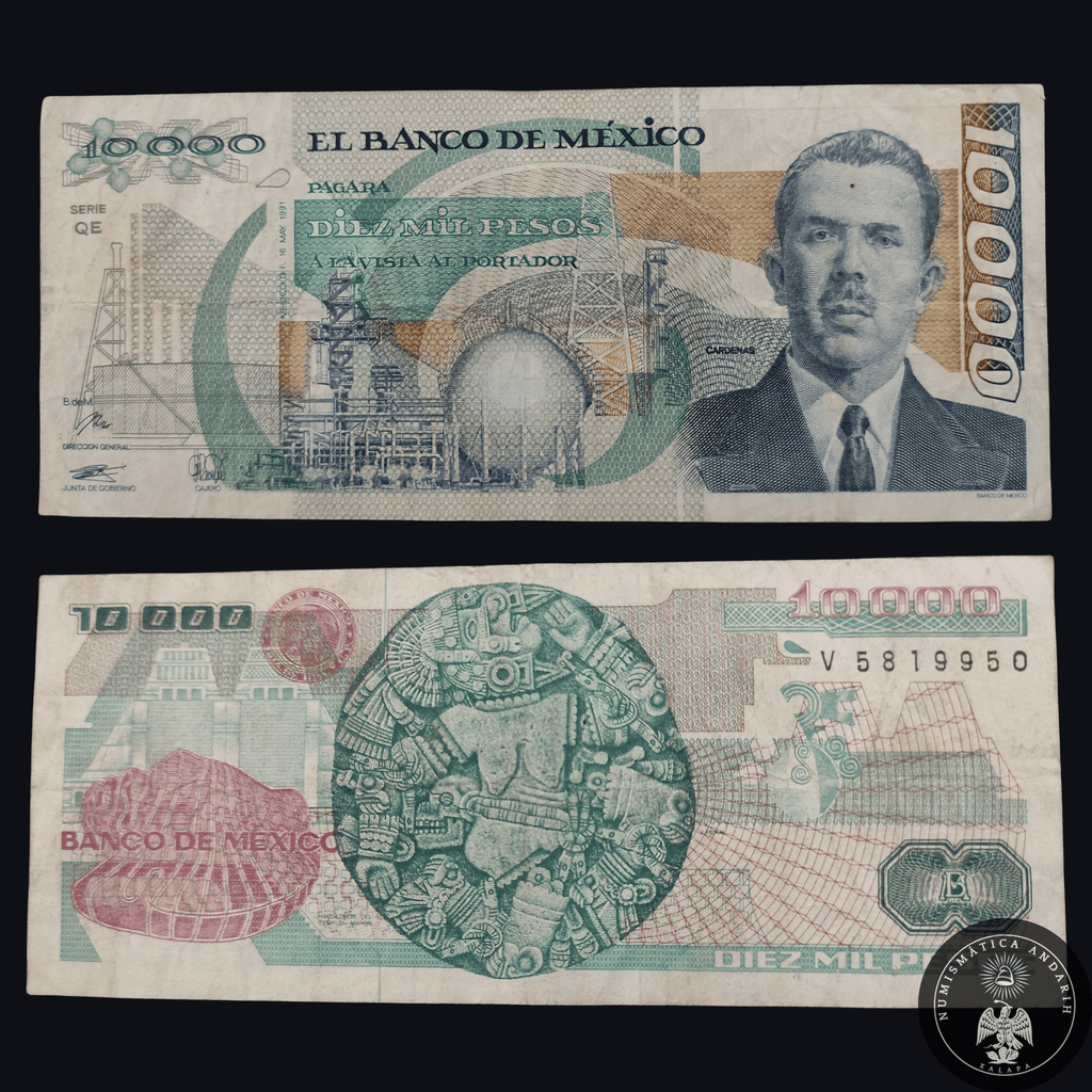Billete 10000 Diez Mil Pesos Banco de México Lázaro Cárdenas 1991