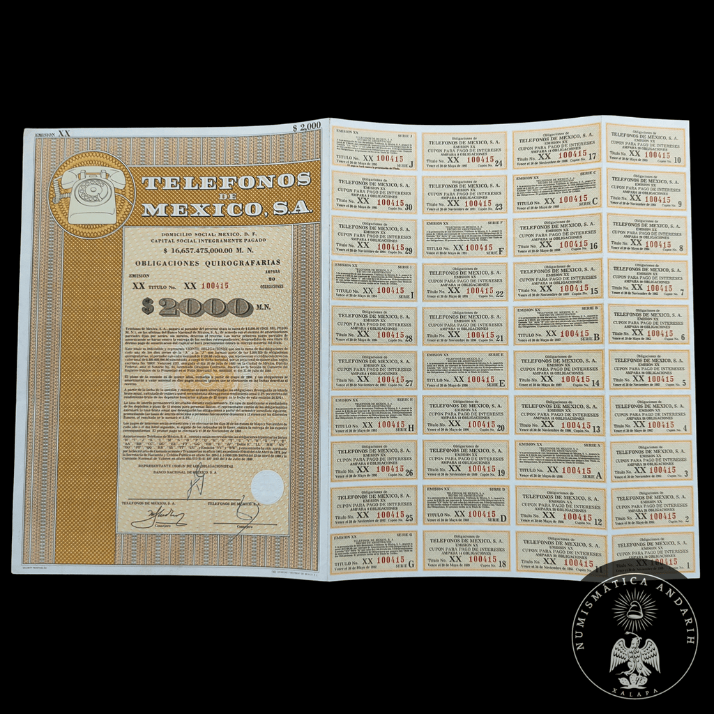 Título Antiguo de Teléfonos de México, S.A. (Telmex) – $2,000 Pesos año 1980