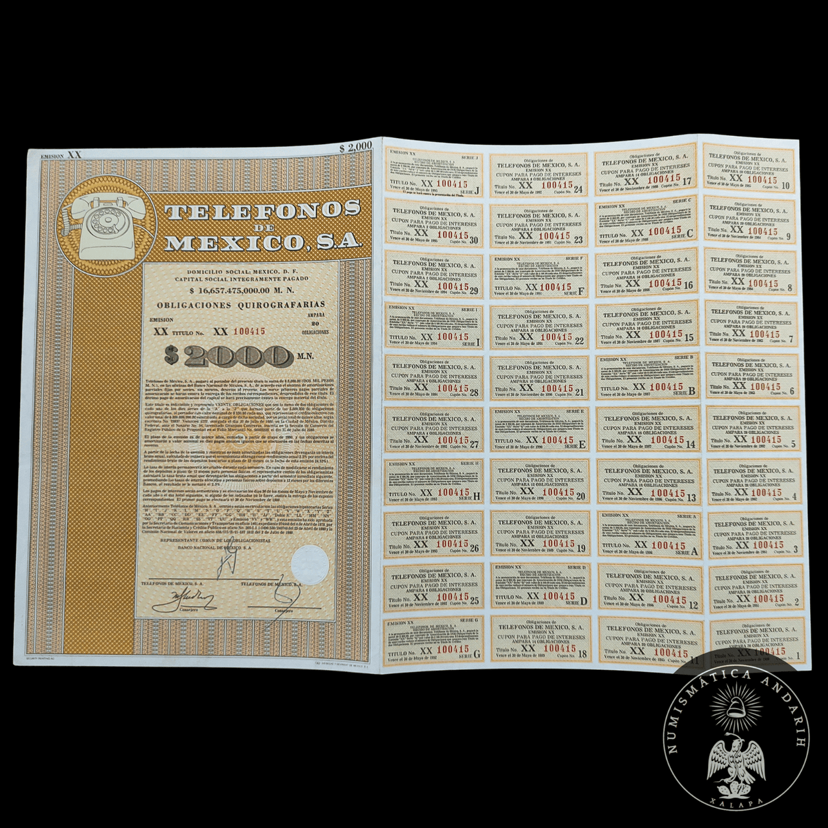 Título Antiguo de Teléfonos de México, S.A. (Telmex) – $2,000 Pesos año 1980