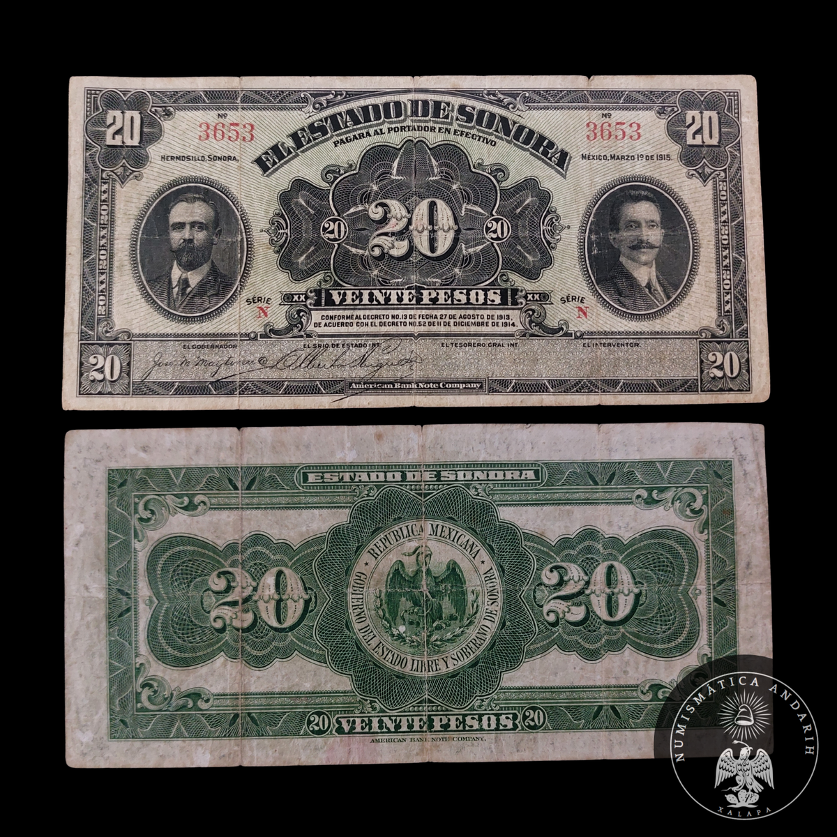 Billete 20 Pesos Estado de Sonora 1915