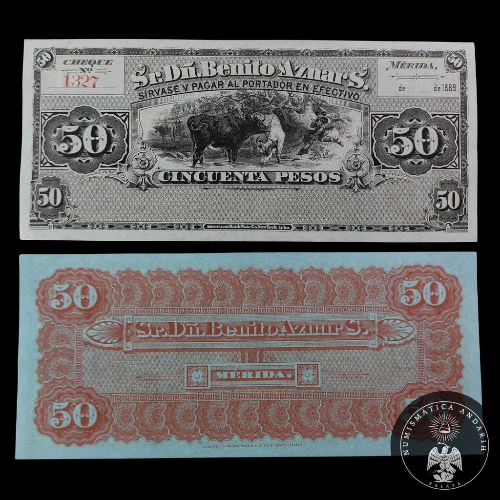 Cheque 50 Pesos Sr D Benito Aznar S Mérida 1889 Sin Circular UNC