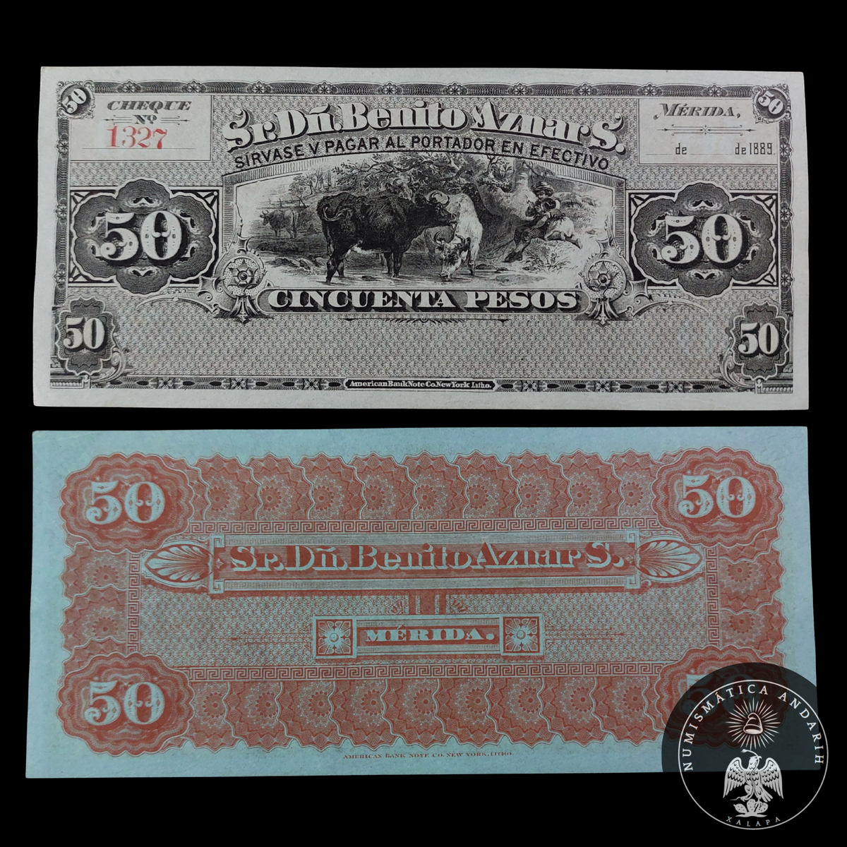Cheque 50 Pesos Sr D Benito Aznar S Mérida 1889 Sin Circular UNC