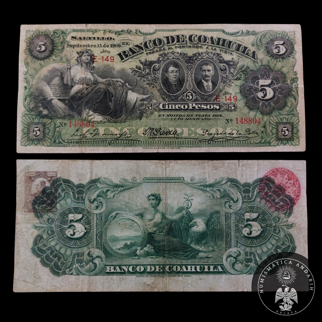 Billete 5 Pesos Banco de Coahuila Saltillo 1909