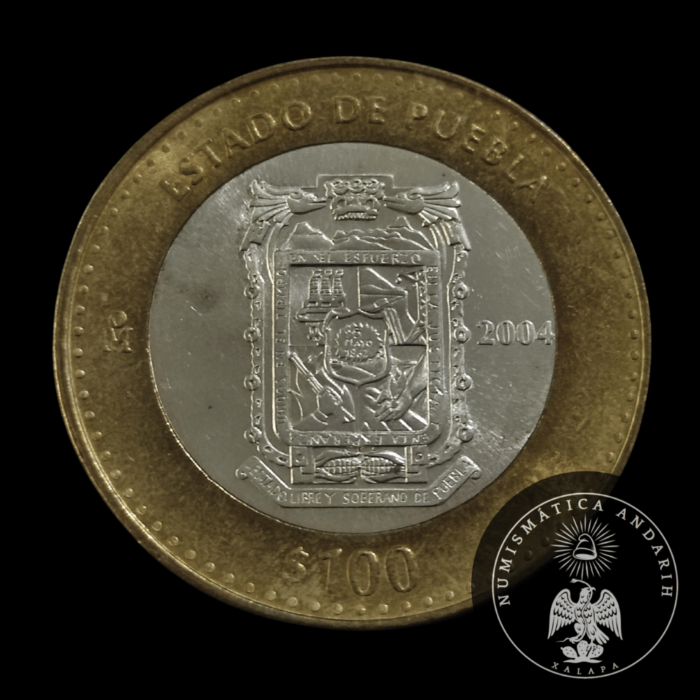 Moneda 100 Pesos Bimetálica Plata Estado de Puebla 2004 1a Fase
