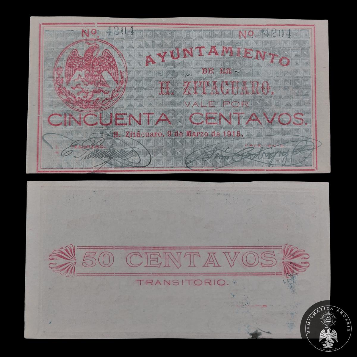 Billete 50 Centavos H. Ayuntamiento de H. Zitácuaro Michoacán 1915 UNC