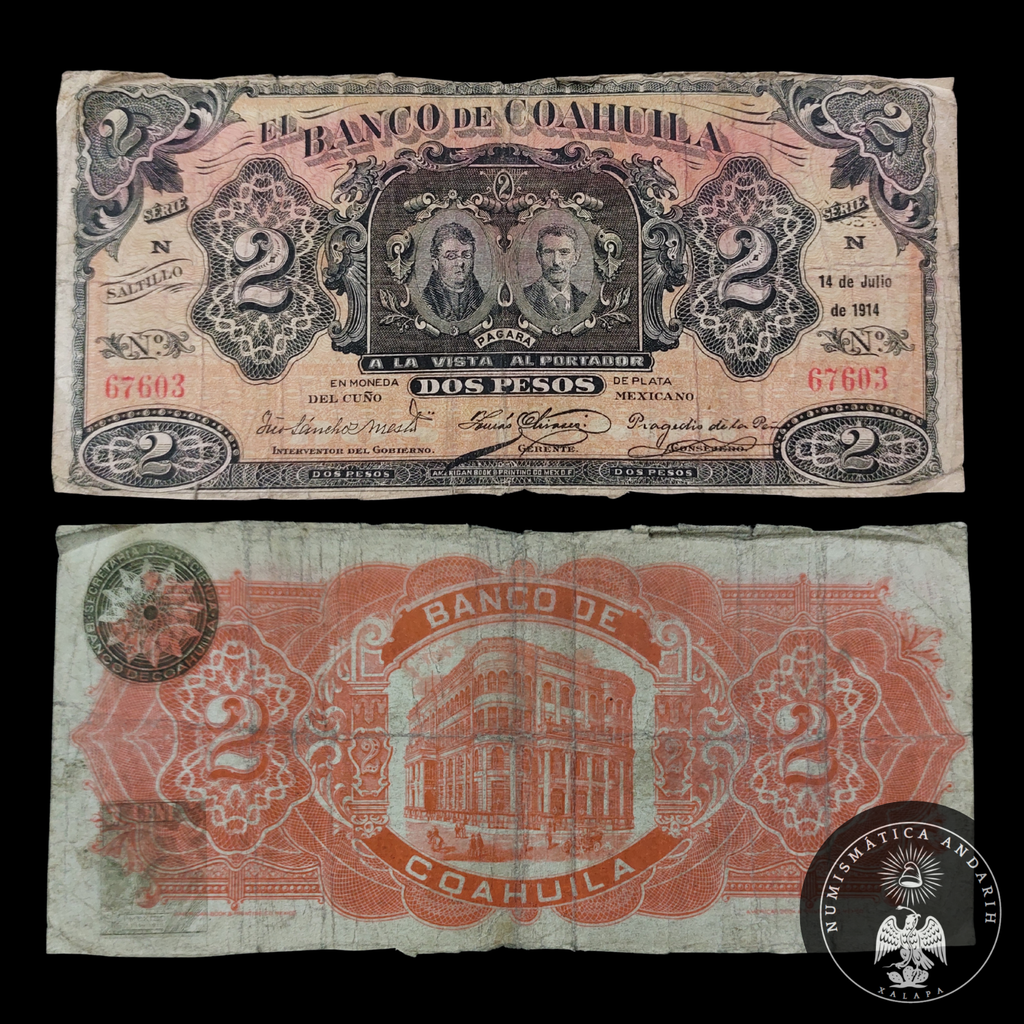 Billete 2 Pesos Banco de Coahuila Saltillo 1914