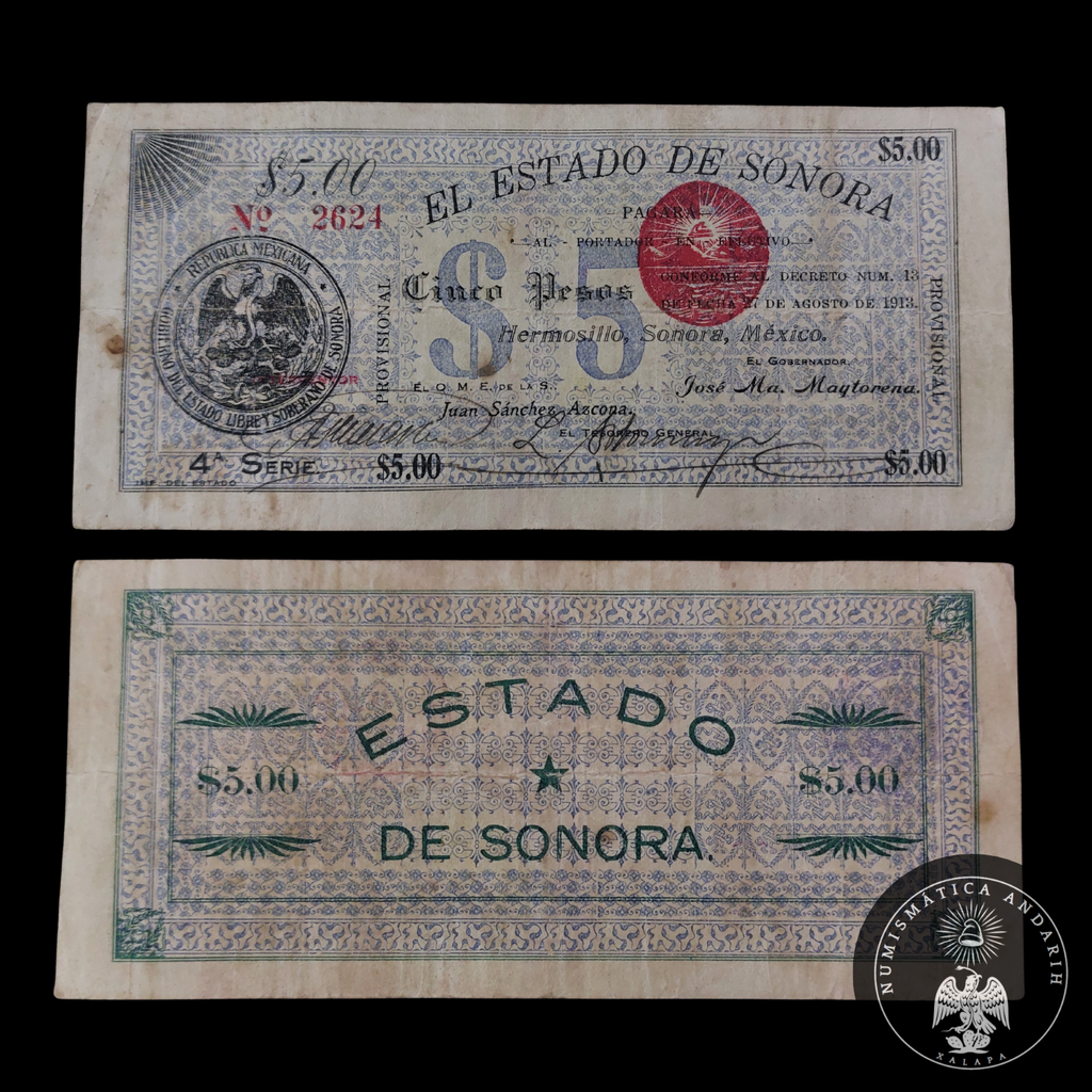 Billete 5 Pesos Estado de Sonora Hermosillo 1913