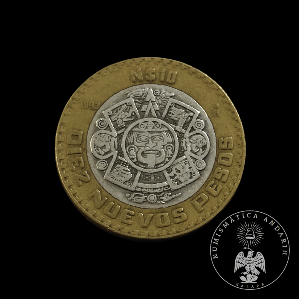 Moneda 10 Nuevos Pesos N$10 Centro de Plata Piedra del Sol Año 1993