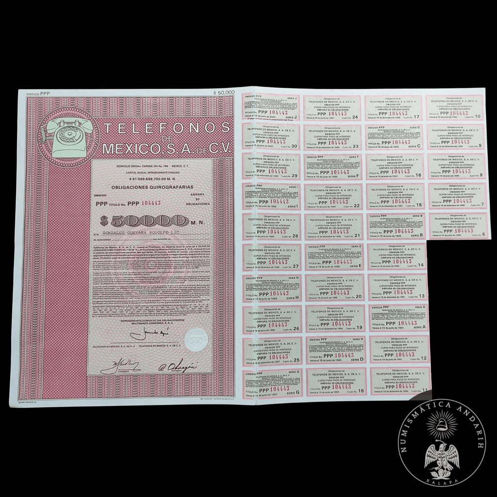 Título Antiguo de Teléfonos de México, S.A. de C.V. (Telmex) – $50,000 Pesos año 1985