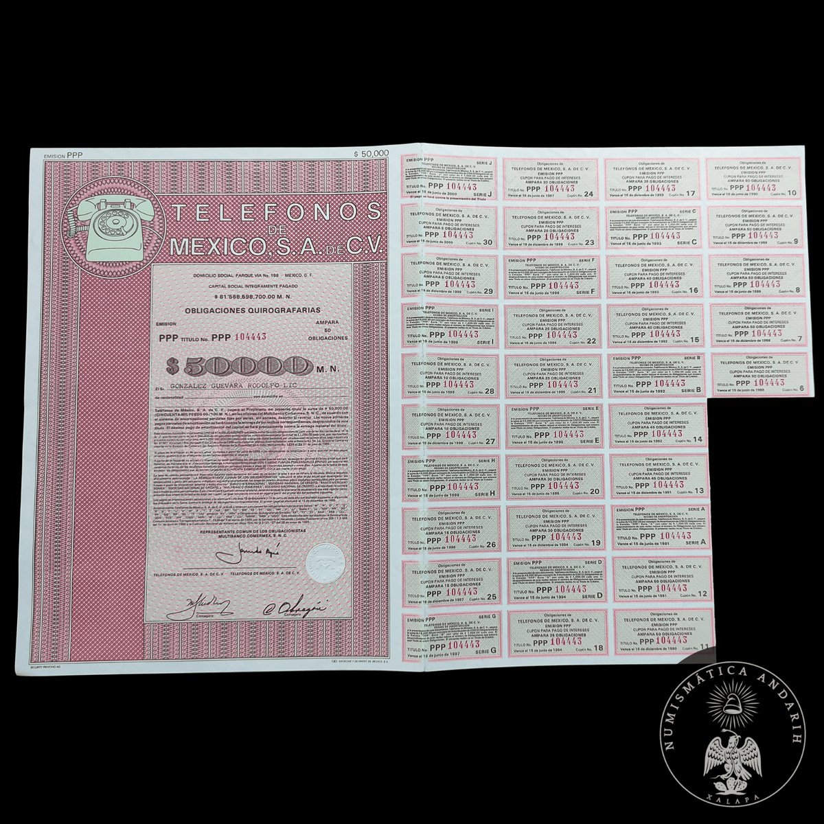 Título Antiguo de Teléfonos de México, S.A. de C.V. (Telmex) – $50,000 Pesos año 1985