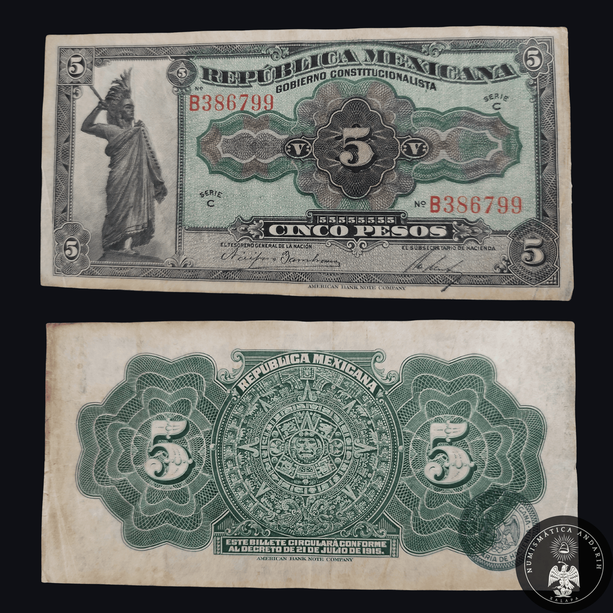 Billete 5 Cinco Pesos República Mexicana Cuauhtémoc 1915