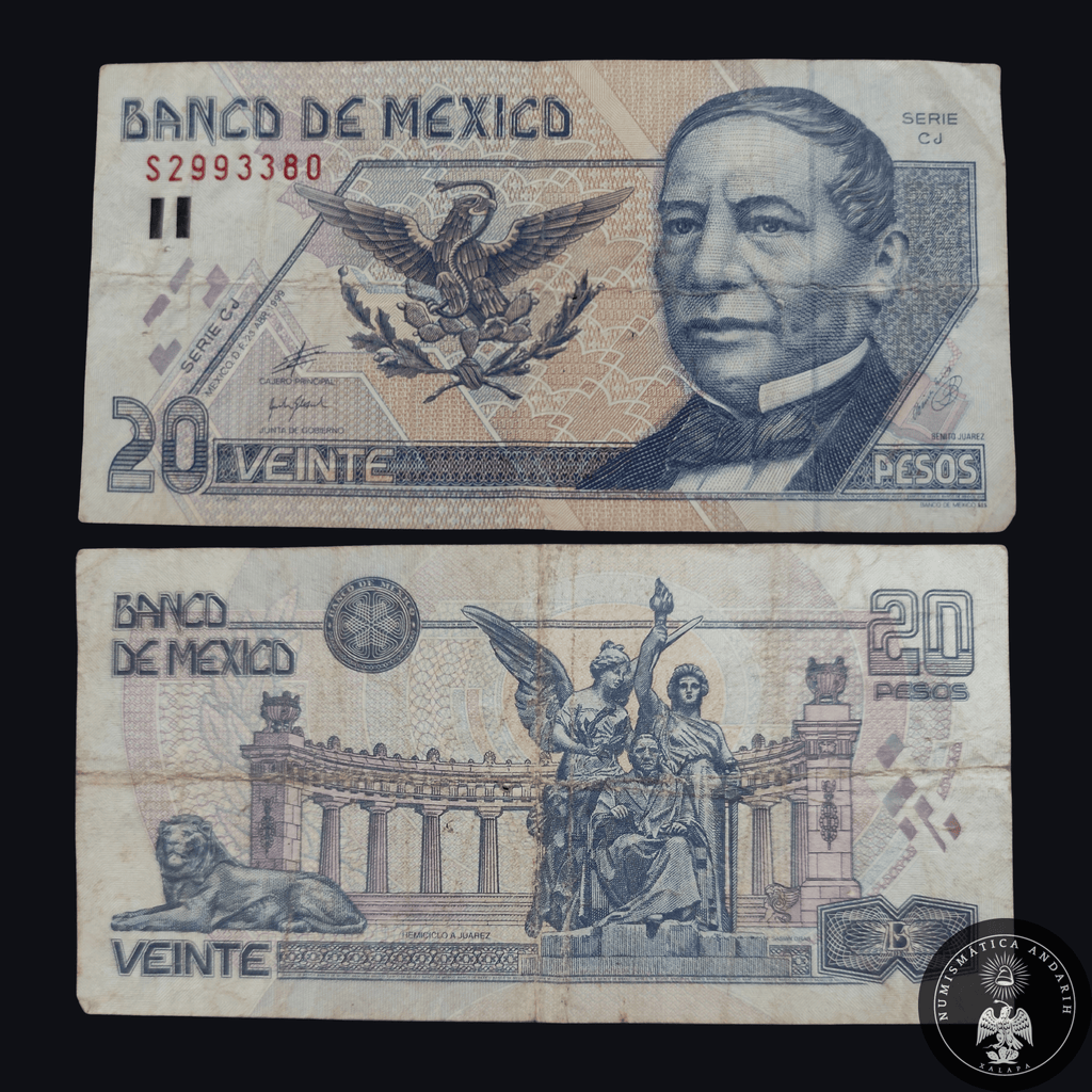 Billete 20 Veinte Pesos Banco de México Benito Juárez Papel