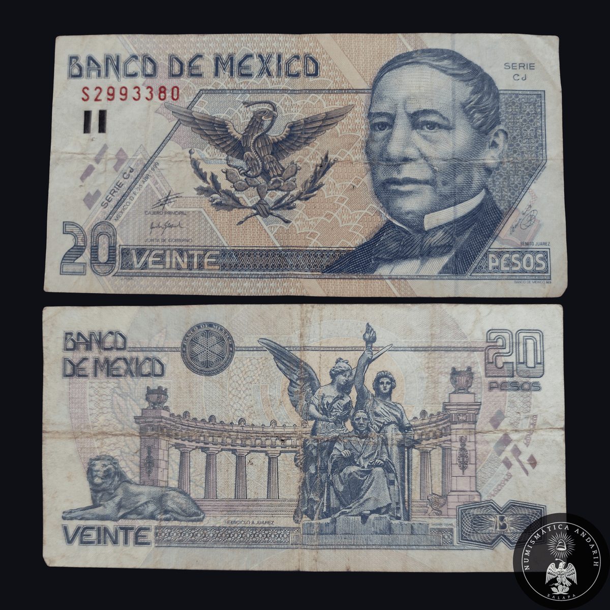 Billete 20 Veinte Pesos Banco de México Benito Juárez Papel