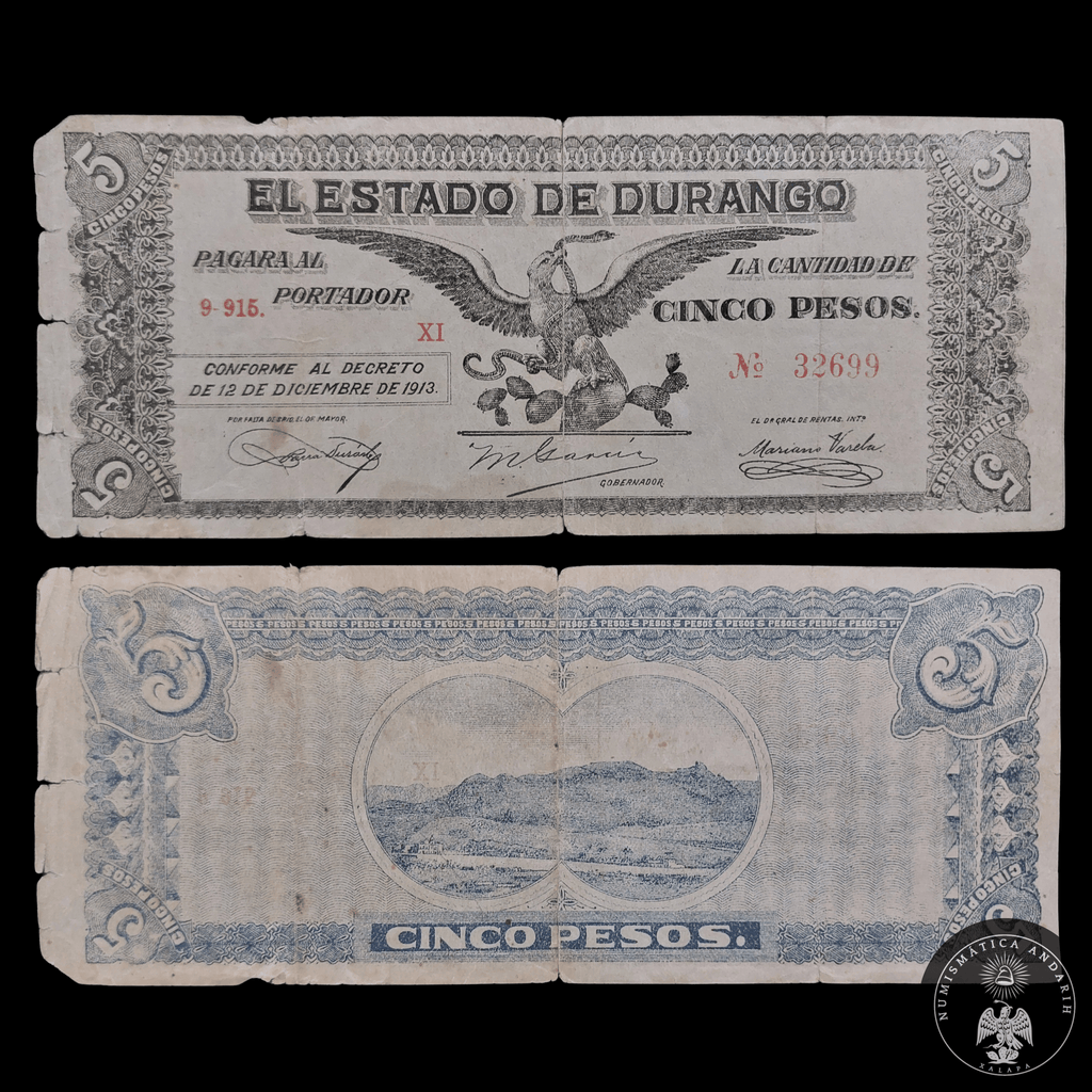 Billete 5 Cinco Pesos El Estado de Durango 1913