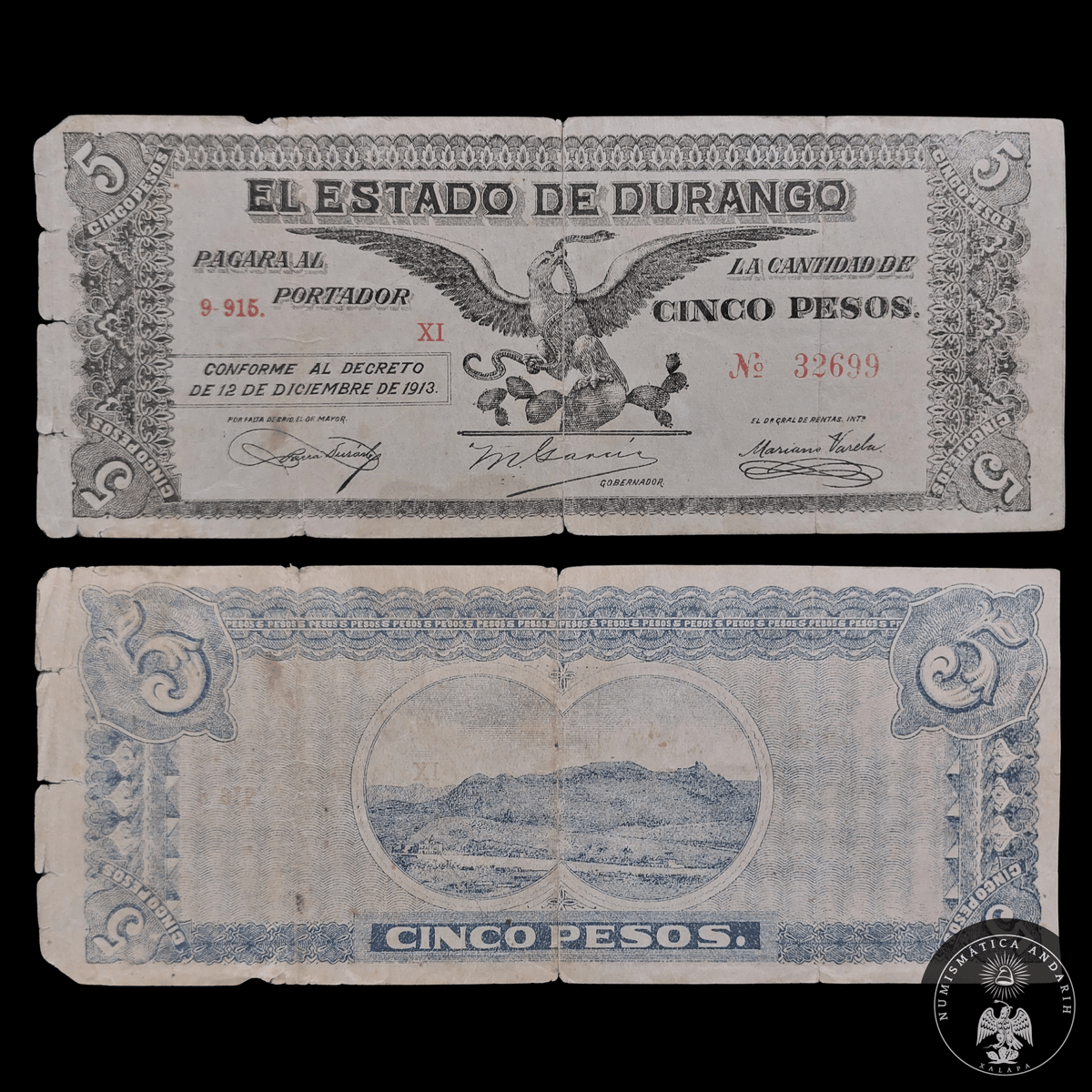 Billete 5 Cinco Pesos El Estado de Durango 1913