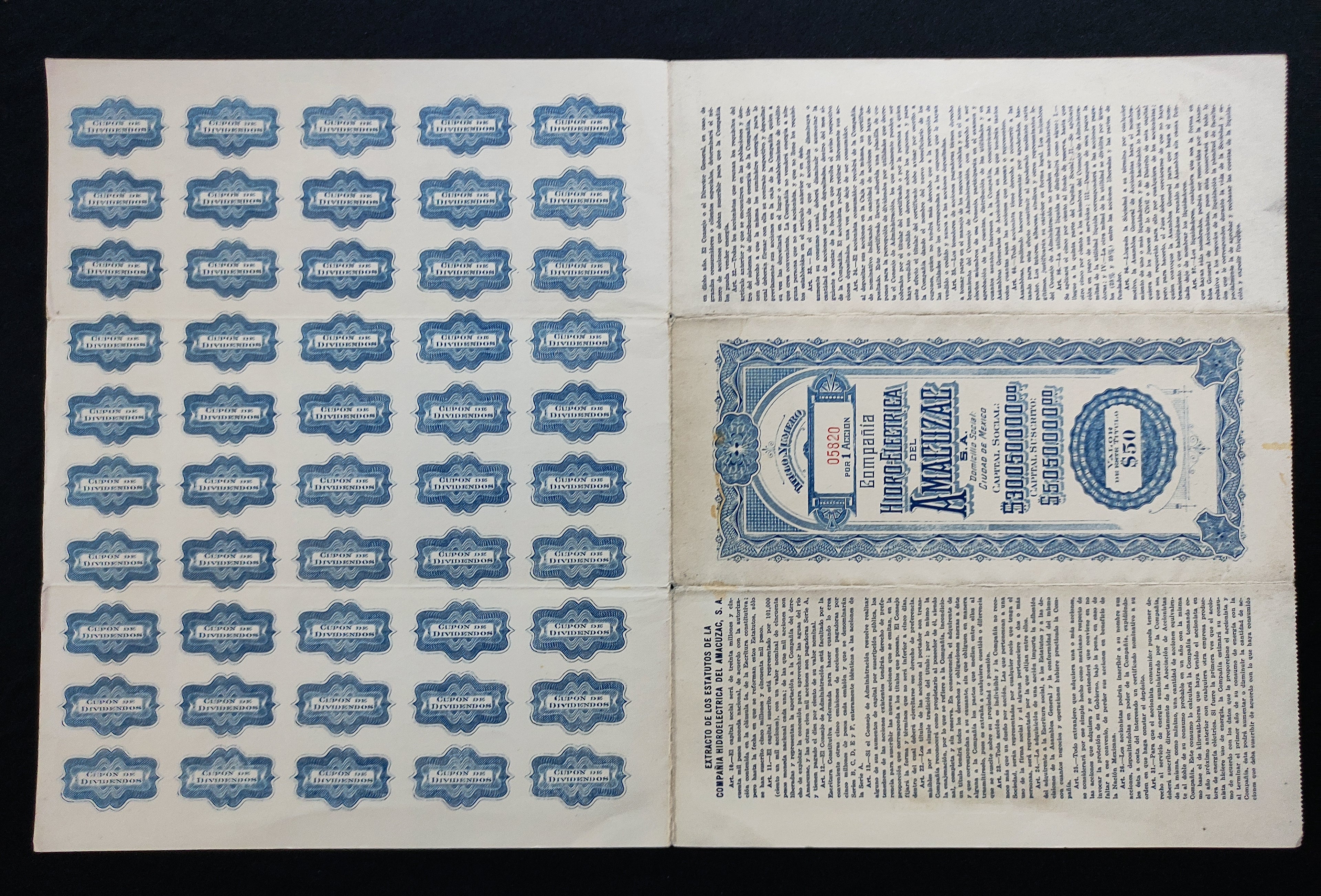 Acción Compañía Hidro-Eléctrica del Amacuzac, S.A. 1936