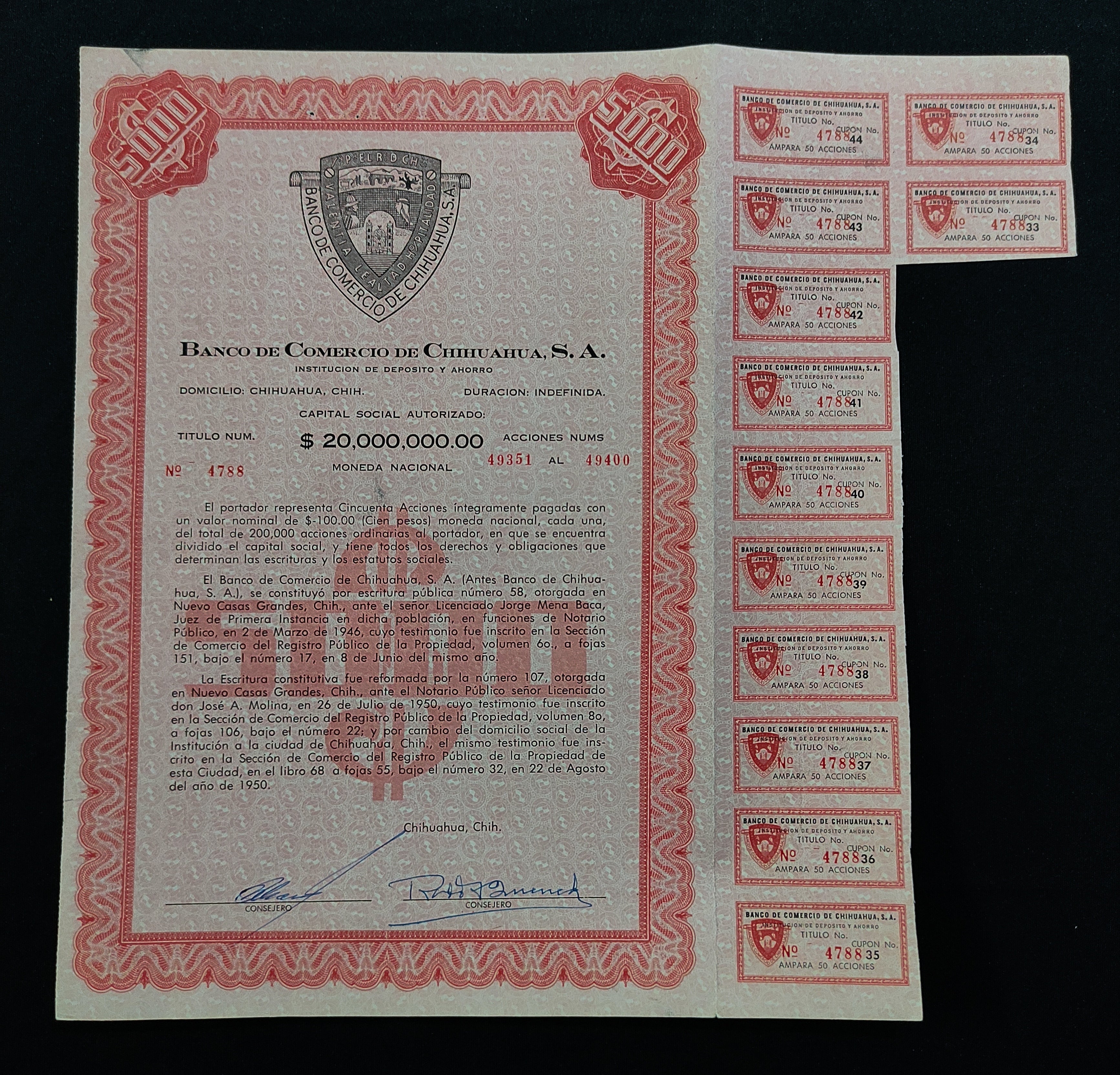 Acción Histórica del Banco de Comercio de Chihuahua año 1950