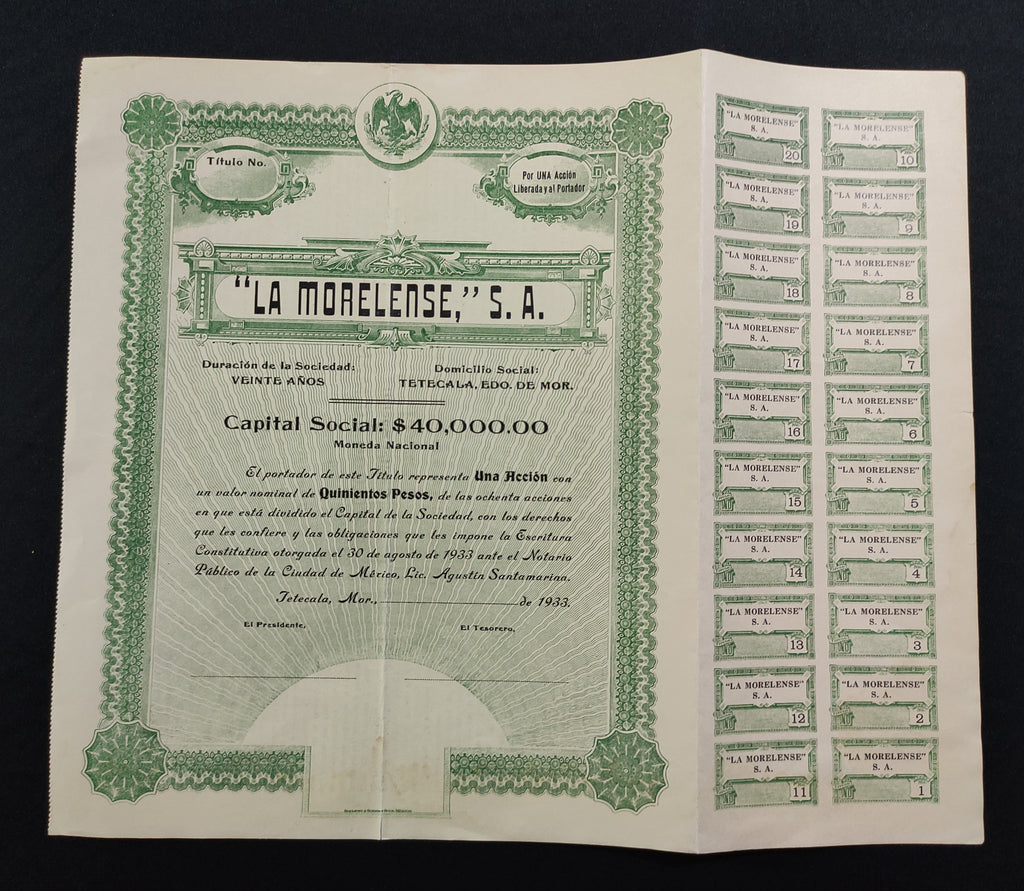Acción de "La Morelense", S.A. Tetecala, Morelos año 1933