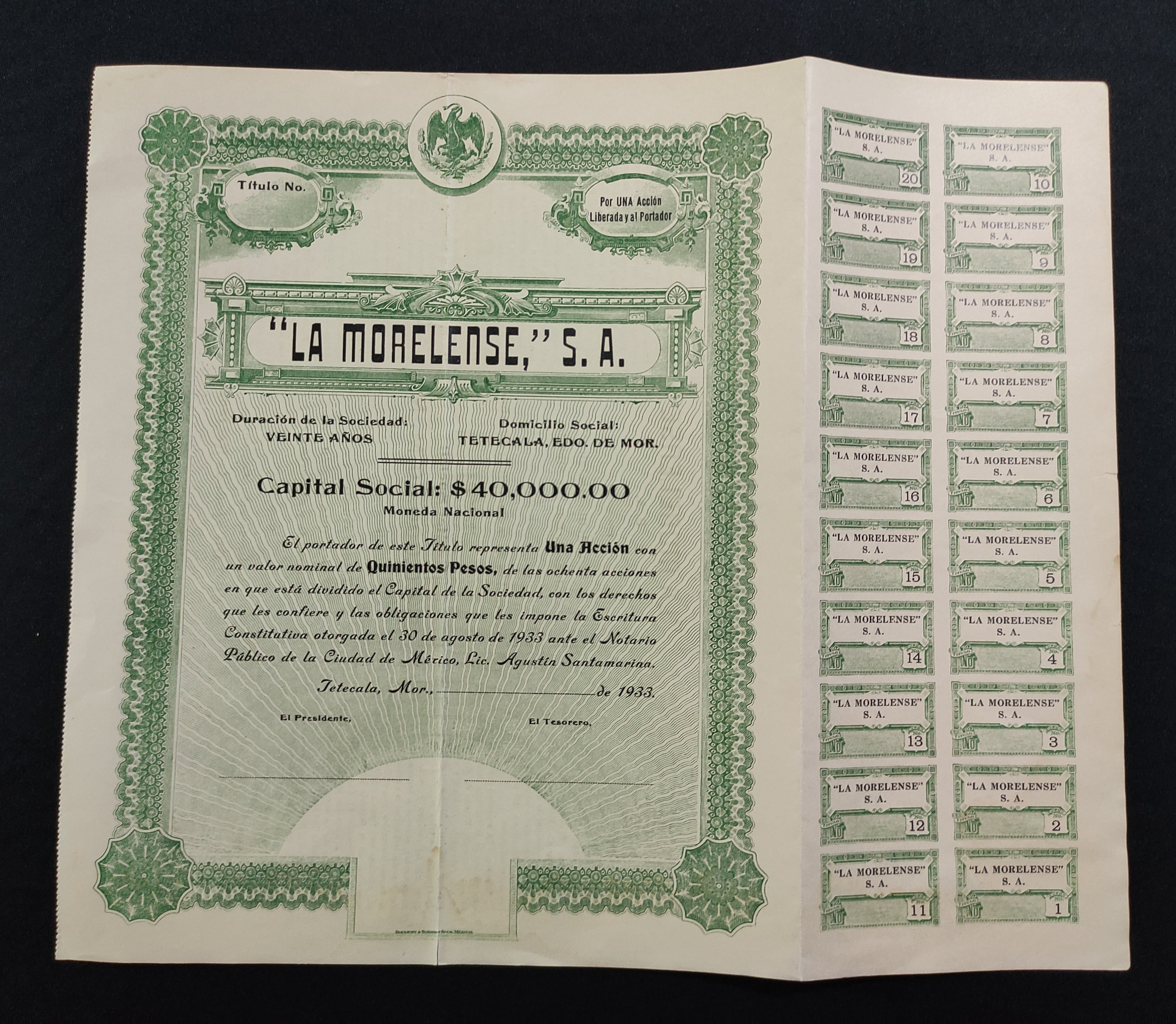 Acción de "La Morelense", S.A. Tetecala, Morelos año 1933