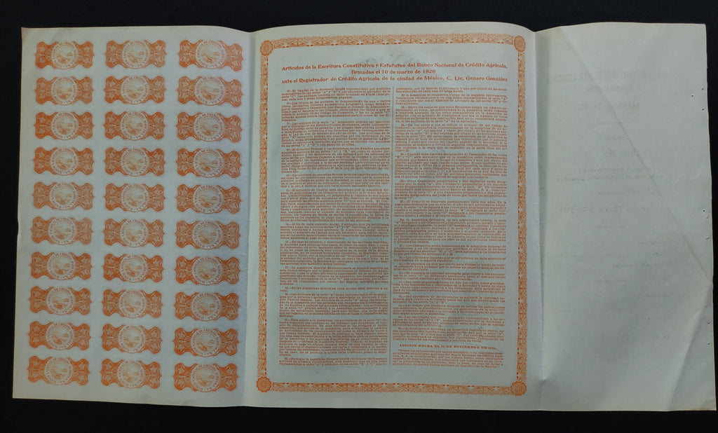 Acción del Banco Nacional de Crédito Agrícola, S.A. México, D.F. 1928
