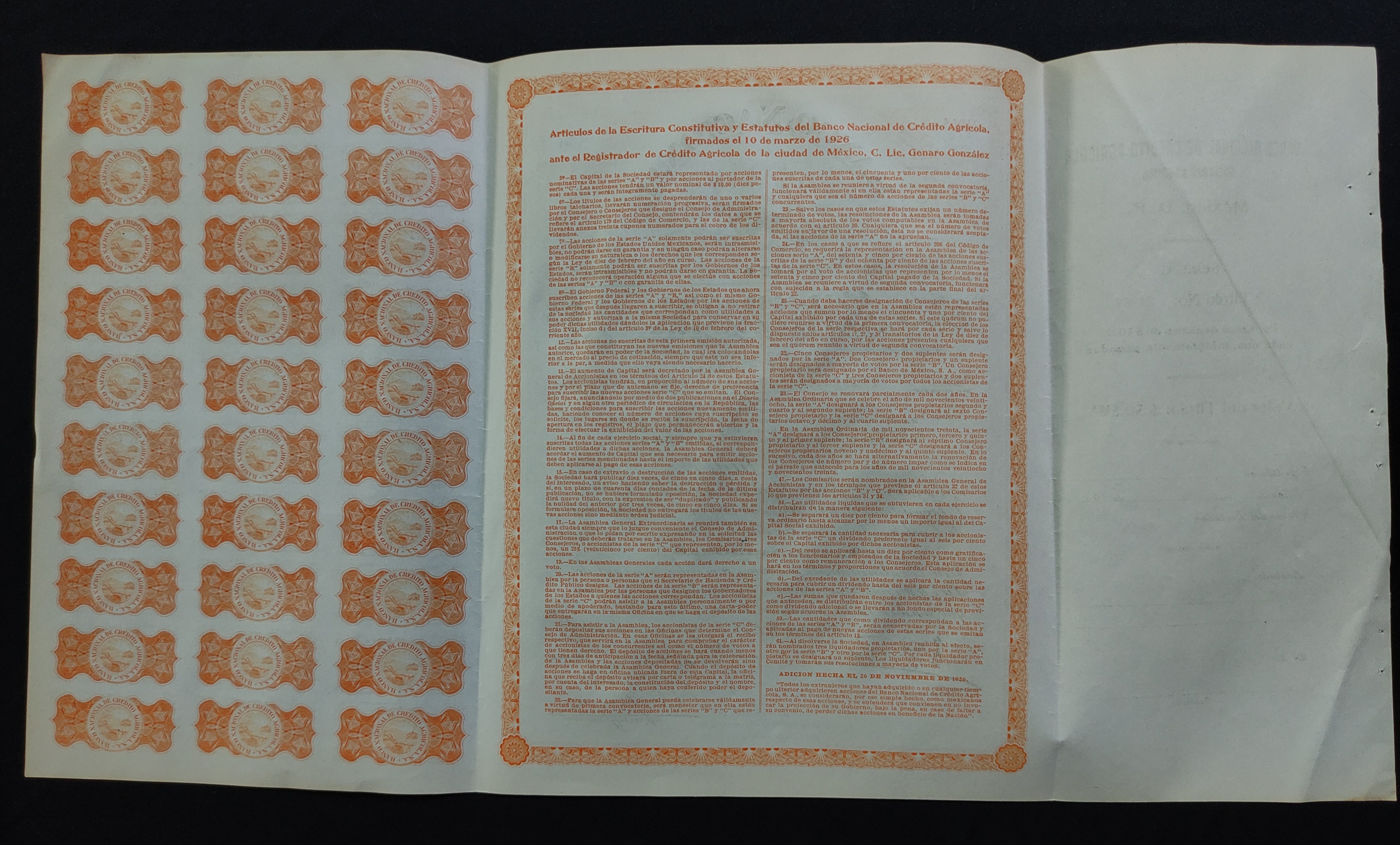 Acción del Banco Nacional de Crédito Agrícola, S.A. México, D.F. 1928