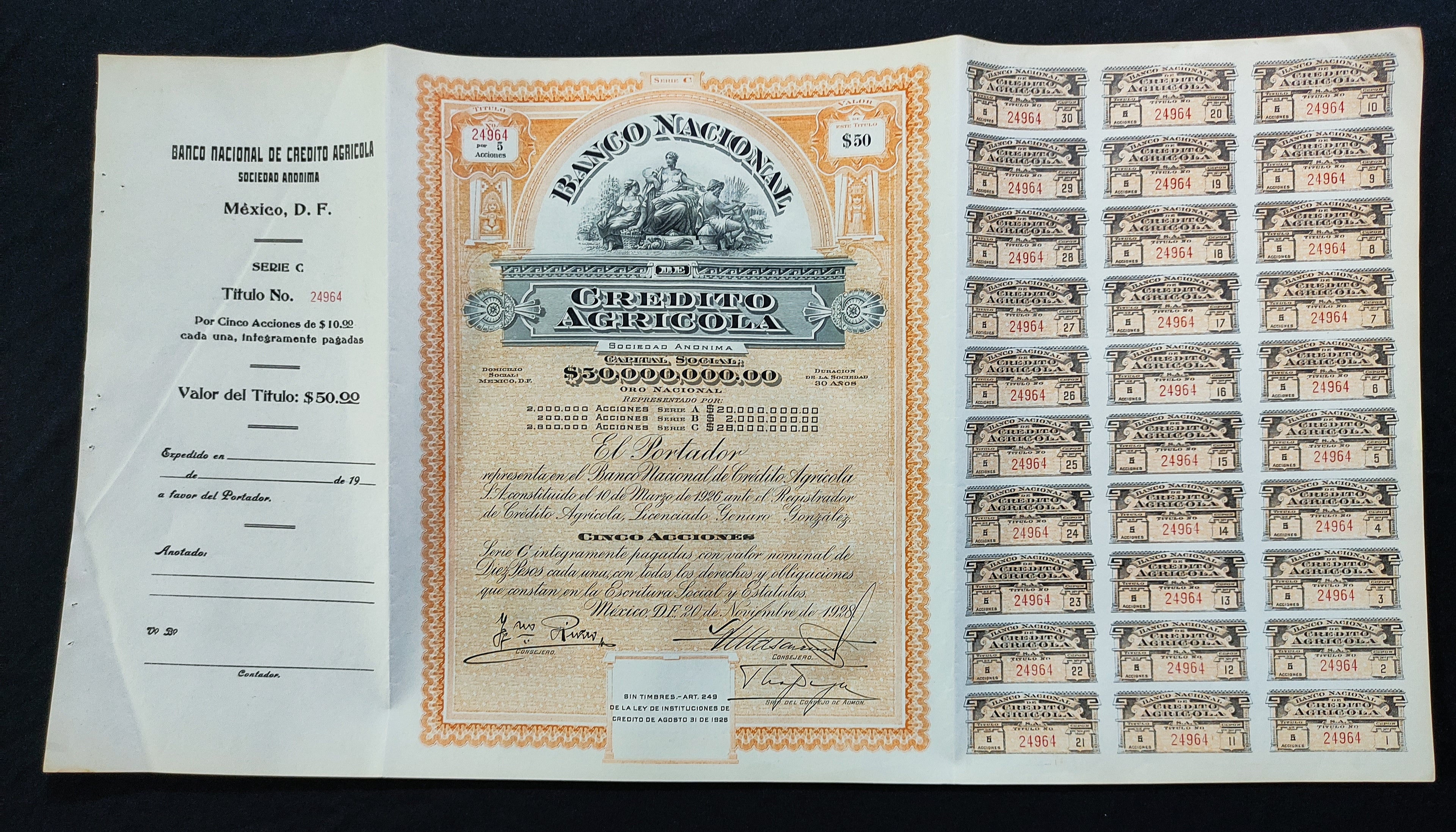 Acción del Banco Nacional de Crédito Agrícola, S.A. México, D.F. 1928