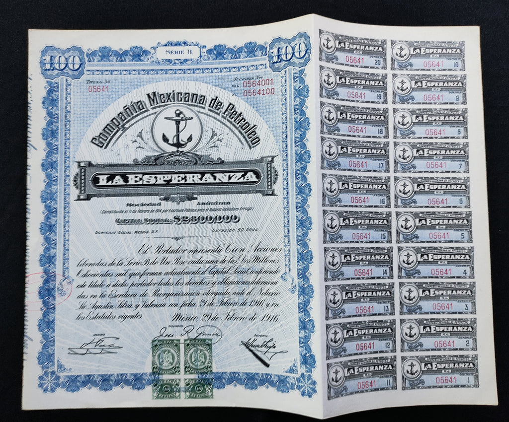 Acción Compañía Mexicana de Petróleo "La Esperanza", S.A. México, D.F. 1916