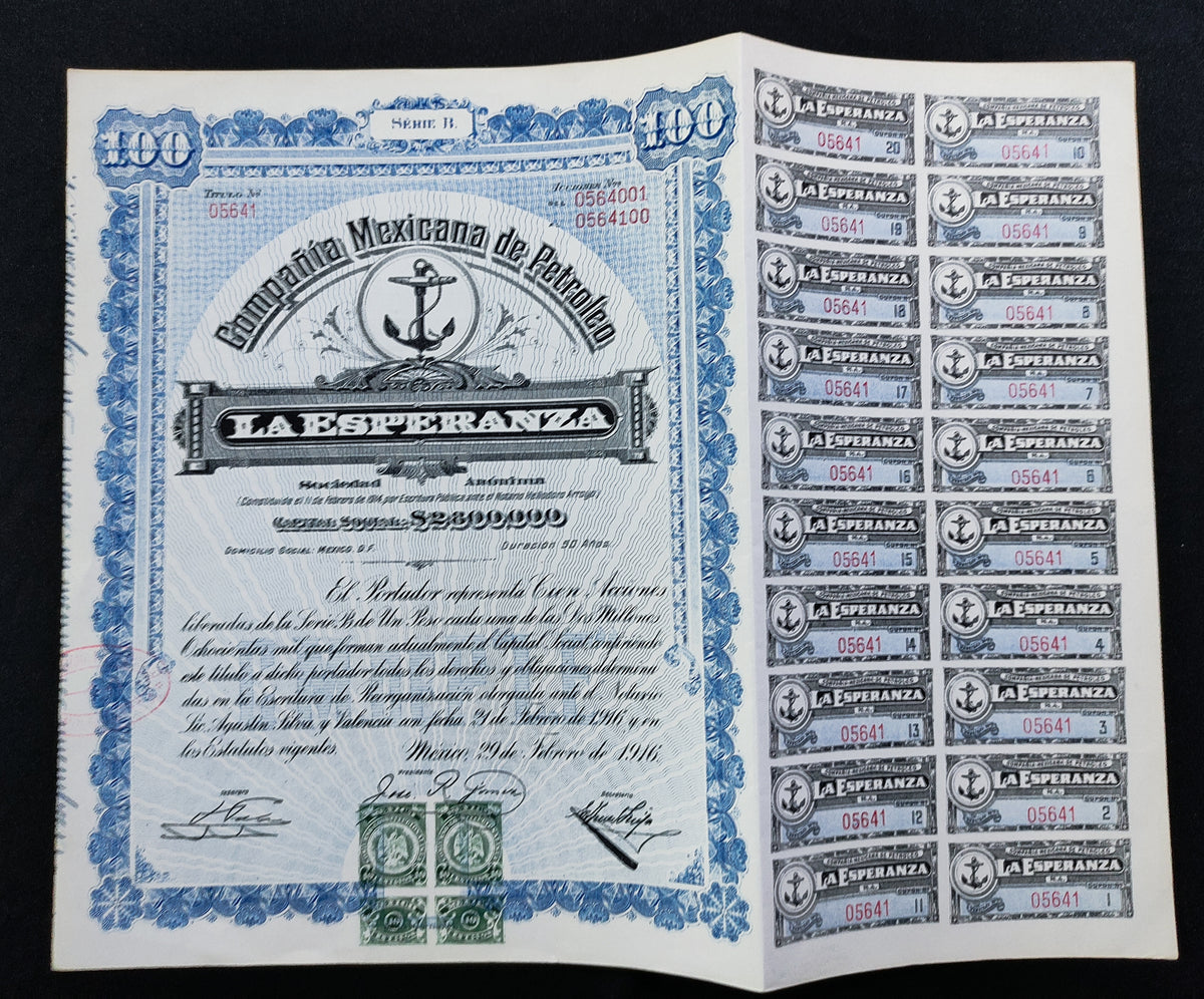 Acción Compañía Mexicana de Petróleo "La Esperanza", S.A. México, D.F. 1916