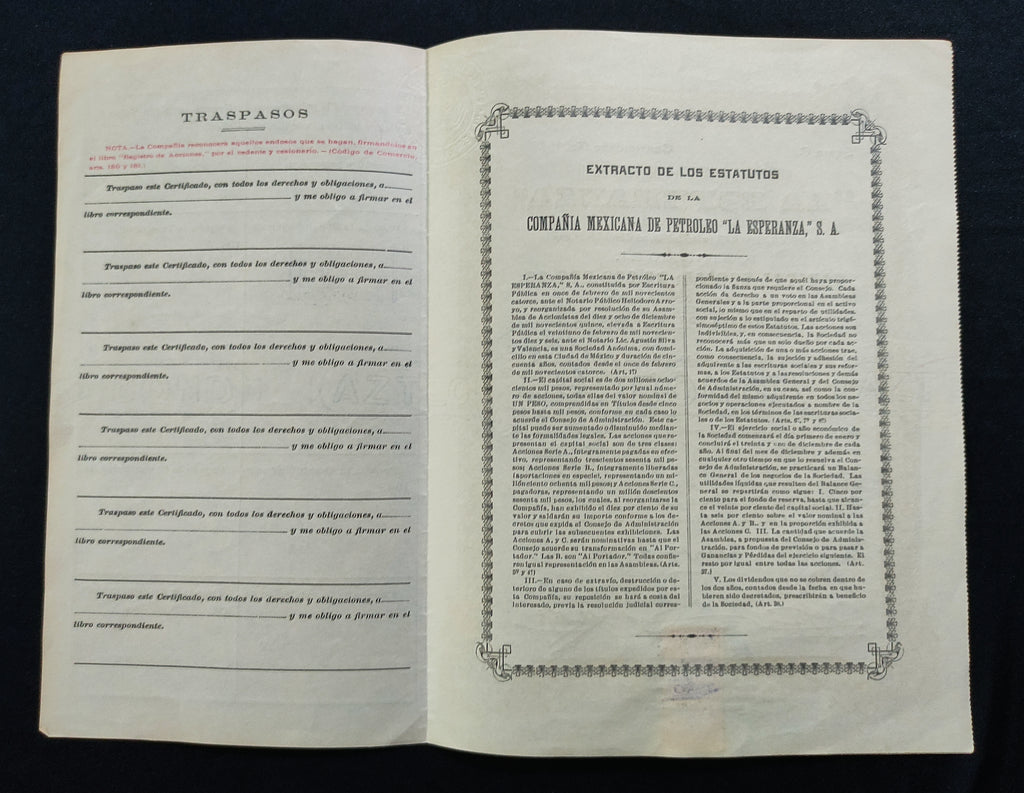 Certificado Provisional de 100 Acciones: Compañía Mexicana de Petróleo "La Esperanza", S.A. México, D.F. 1916