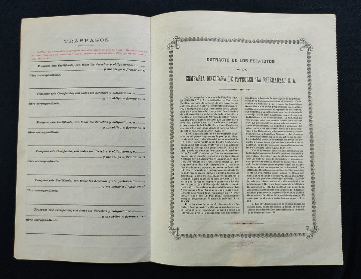 Certificado Provisional de 100 Acciones: Compañía Mexicana de Petróleo "La Esperanza", S.A. México, D.F. 1916