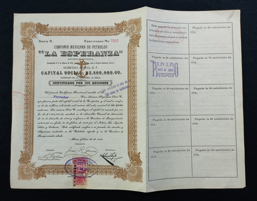 Certificado Provisional de 100 Acciones: Compañía Mexicana de Petróleo "La Esperanza", S.A. México, D.F. 1916