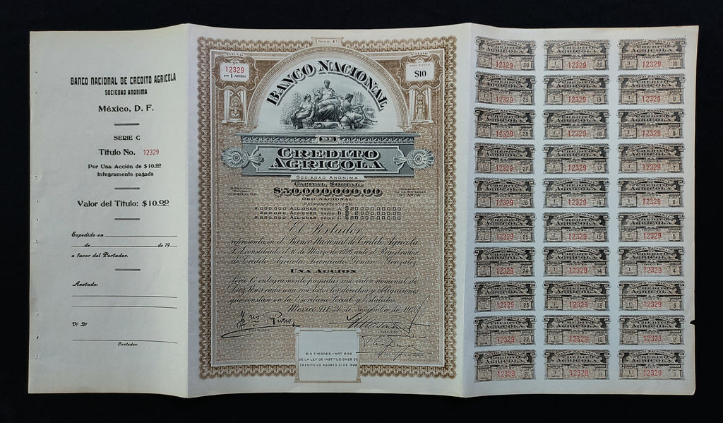 Acción 10 Pesos Banco Nacional de Crédito Agrícola, S.A. México, D.F. 1928