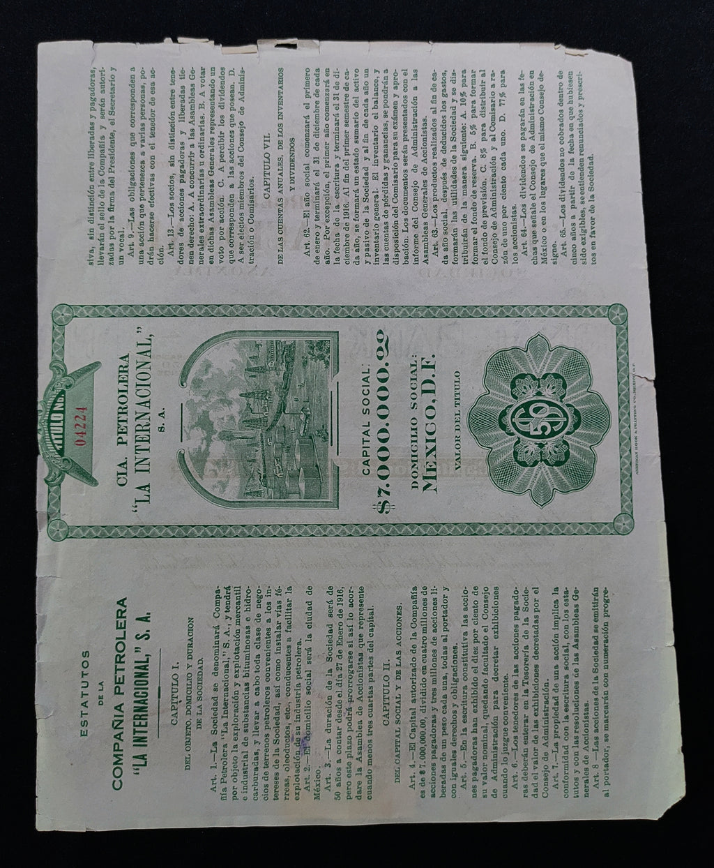 Acción Compañía Petrolera "La Internacional", S.A. México, D.F. 1916