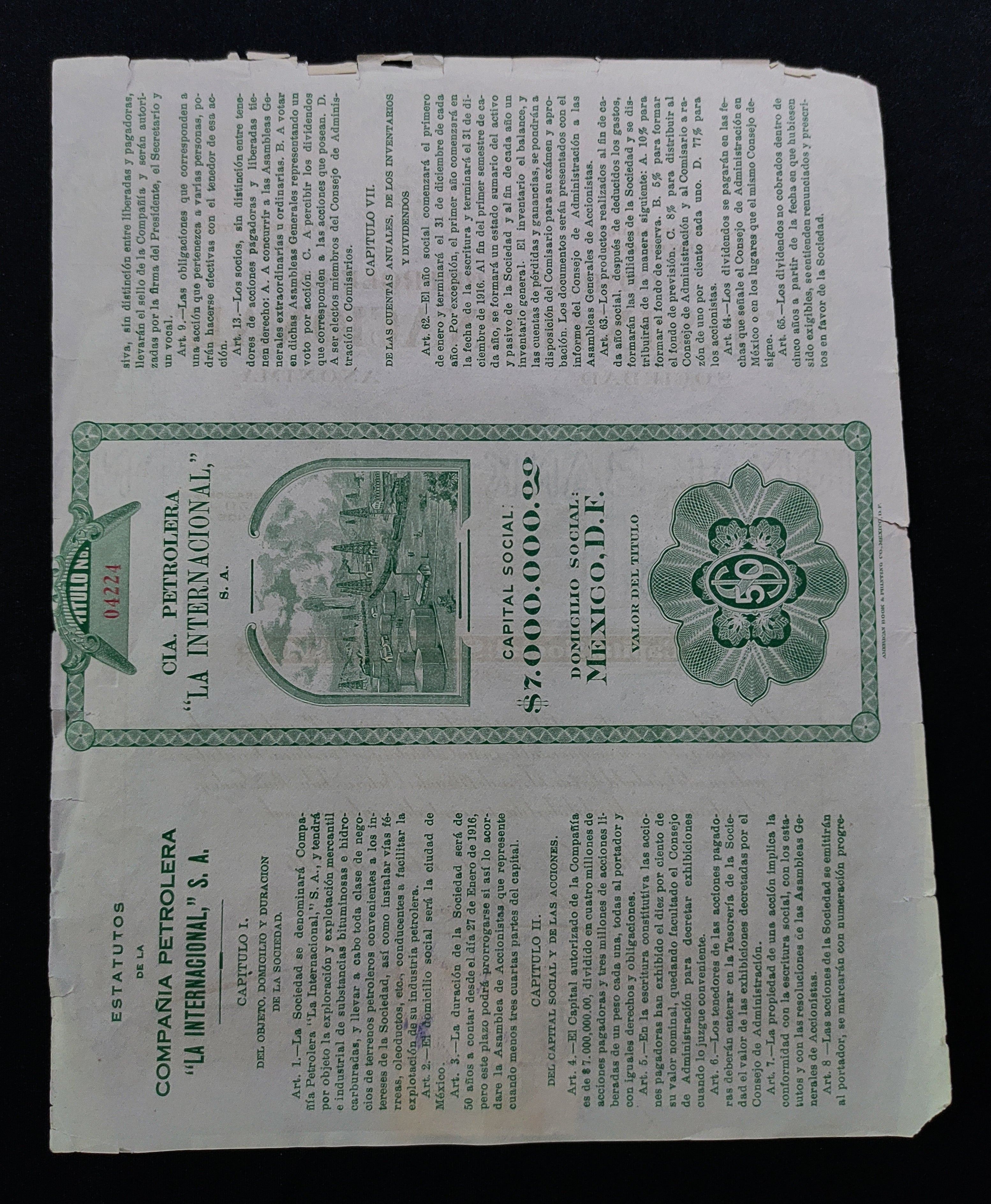 Acción Compañía Petrolera "La Internacional", S.A. México, D.F. 1916