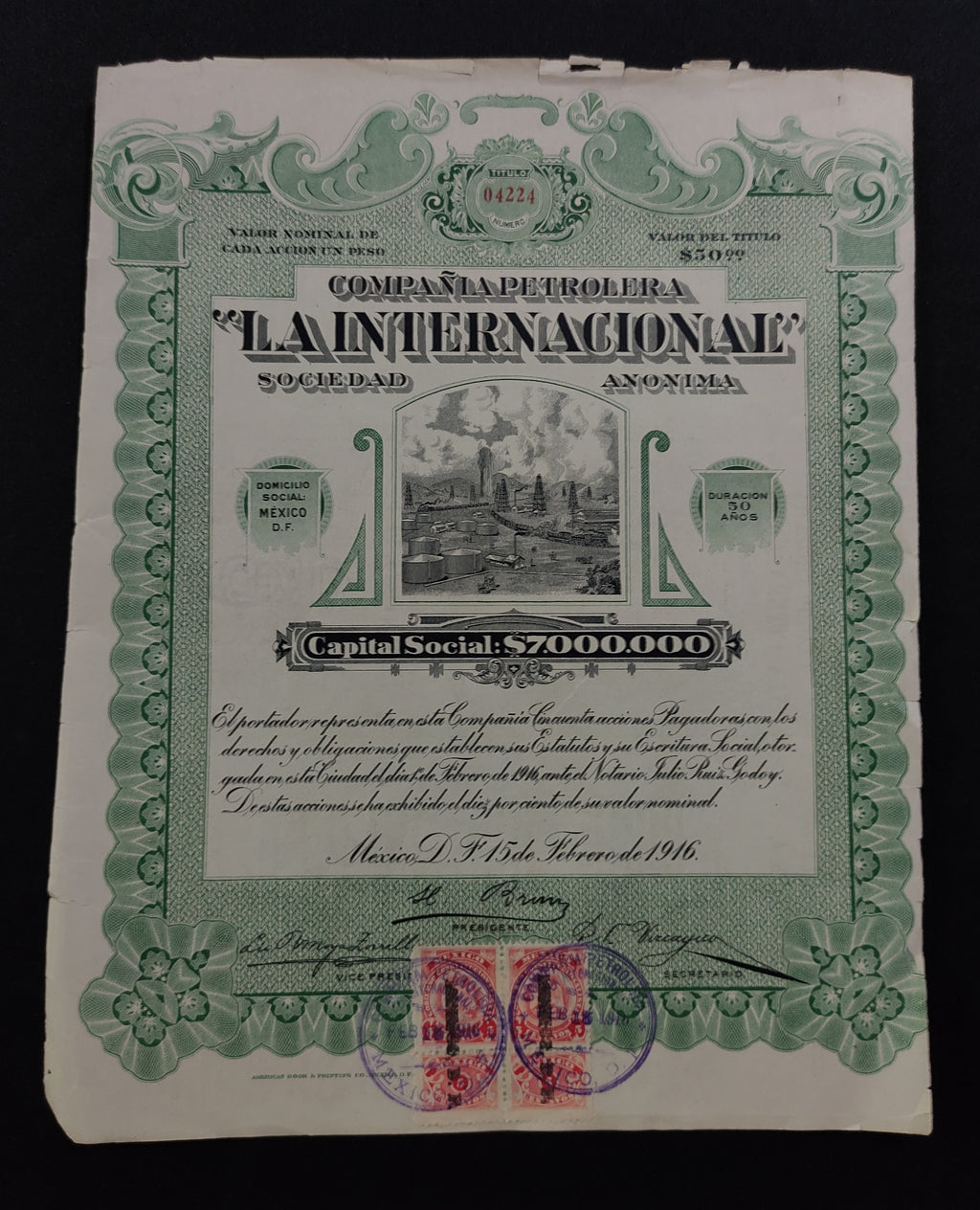 Acción Compañía Petrolera "La Internacional", S.A. México, D.F. 1916