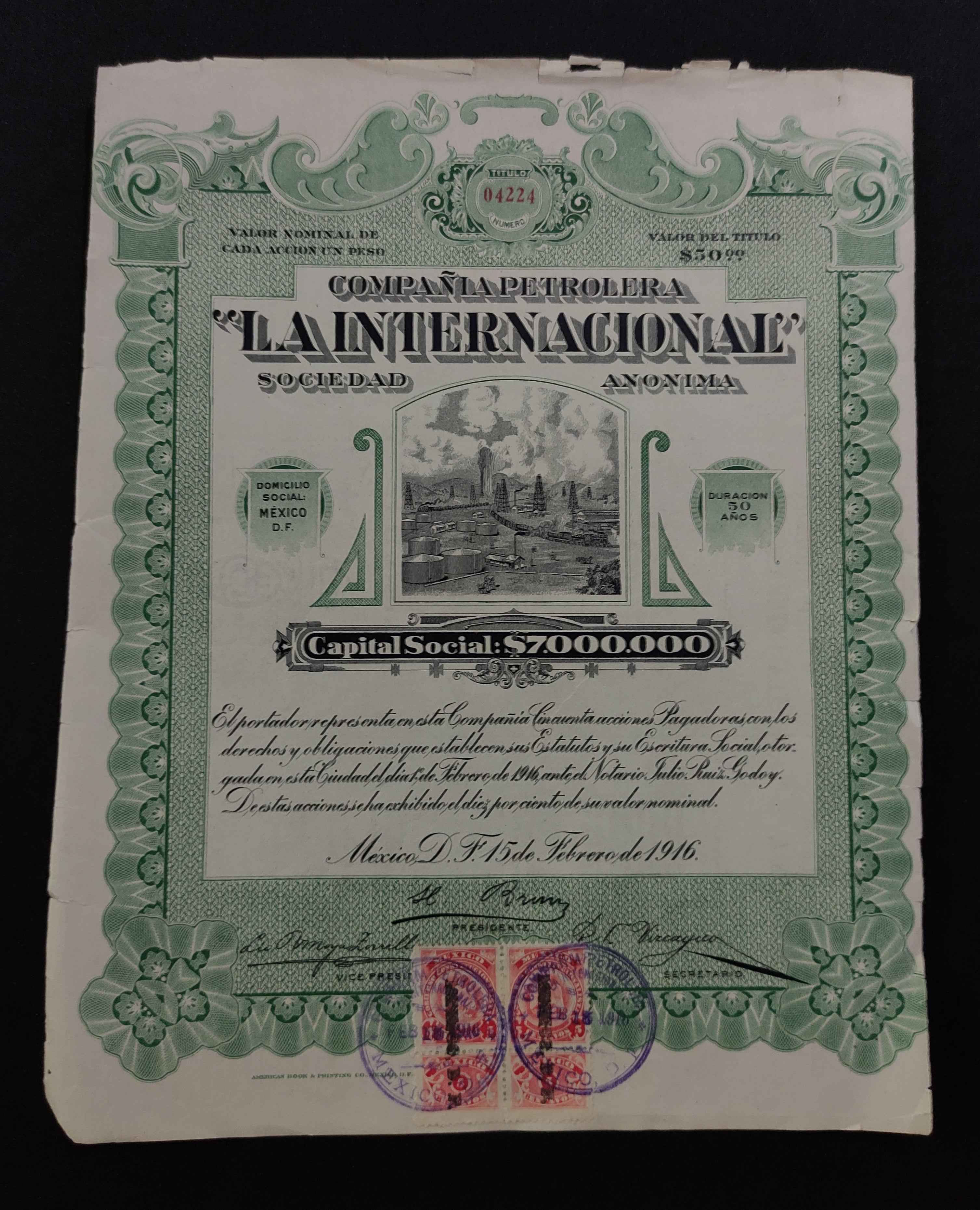 Acción Compañía Petrolera "La Internacional", S.A. México, D.F. 1916