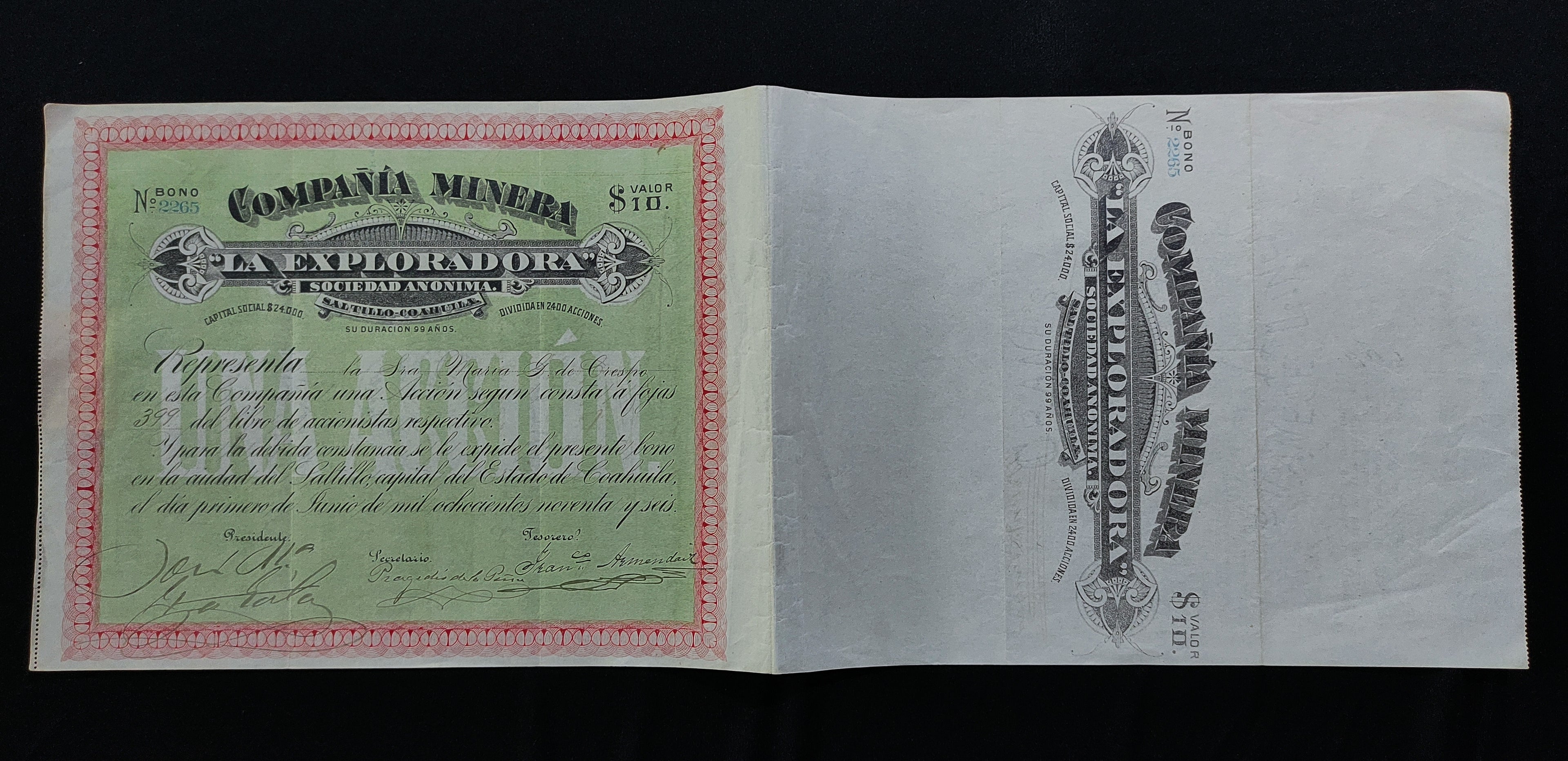 Acción o Bono Compañía Minera "La Exploradora", S.A. Saltillo, Coahuila 1896