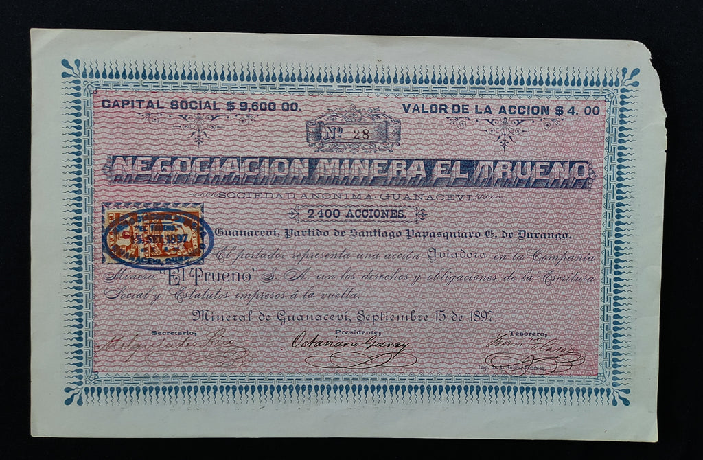 Acción Aviada Negociación Minera El Trueno Mineral de Guanaceví, Durango 1897