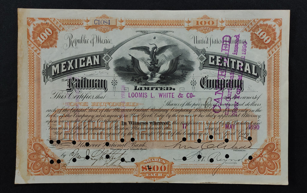 Acción Mexican Central Railway Company Limited Boston, Massachusetts 1890