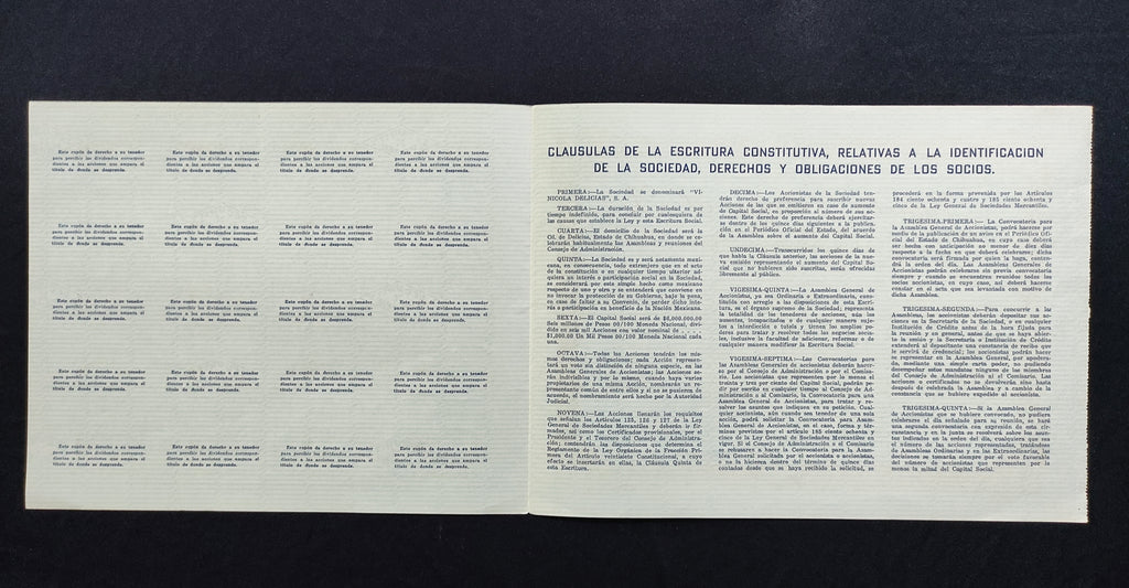 Acción / Título múltiple Vinícola Delicias, S.A. Ciudad Delicias, Chihuahua 1962